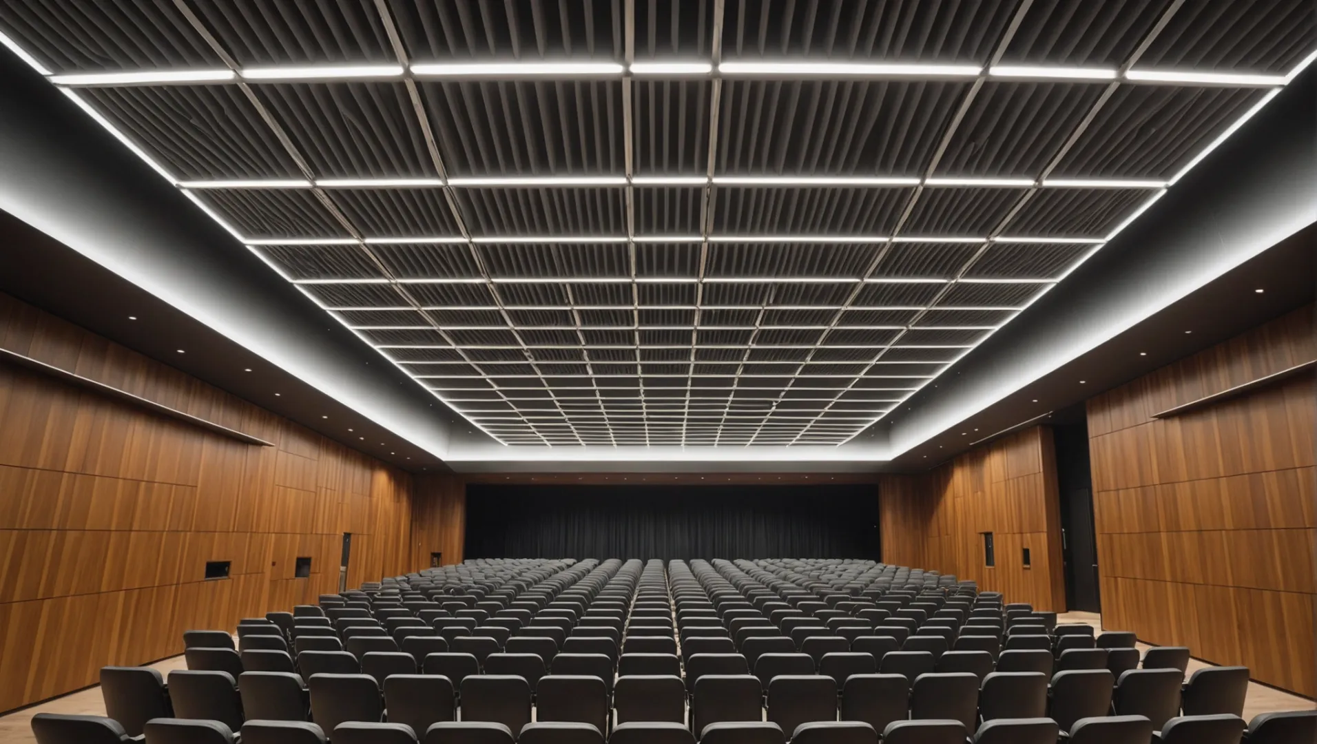 Aluminum baffle ceiling in a modern auditorium enhancing acoustic performance.