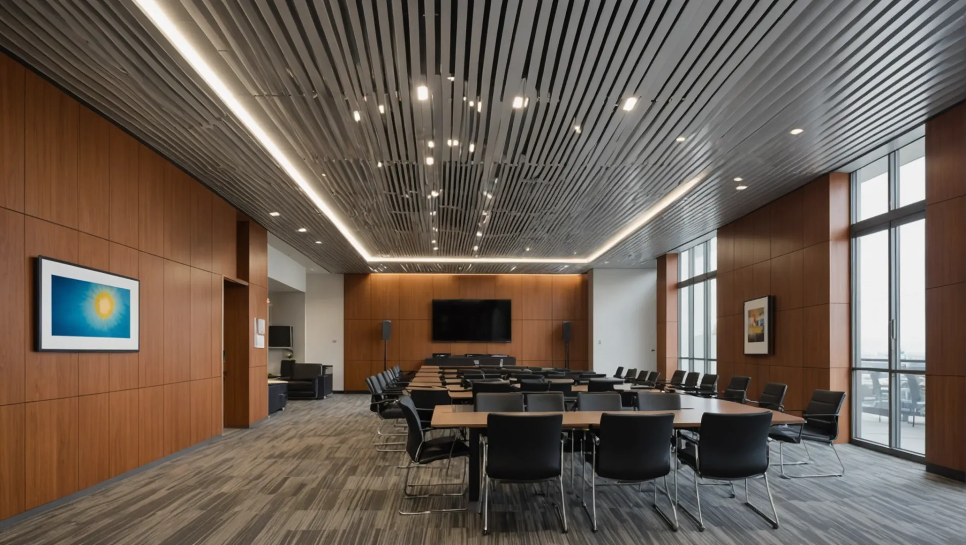 Interior space with aluminum baffle ceiling showcasing its functional benefits