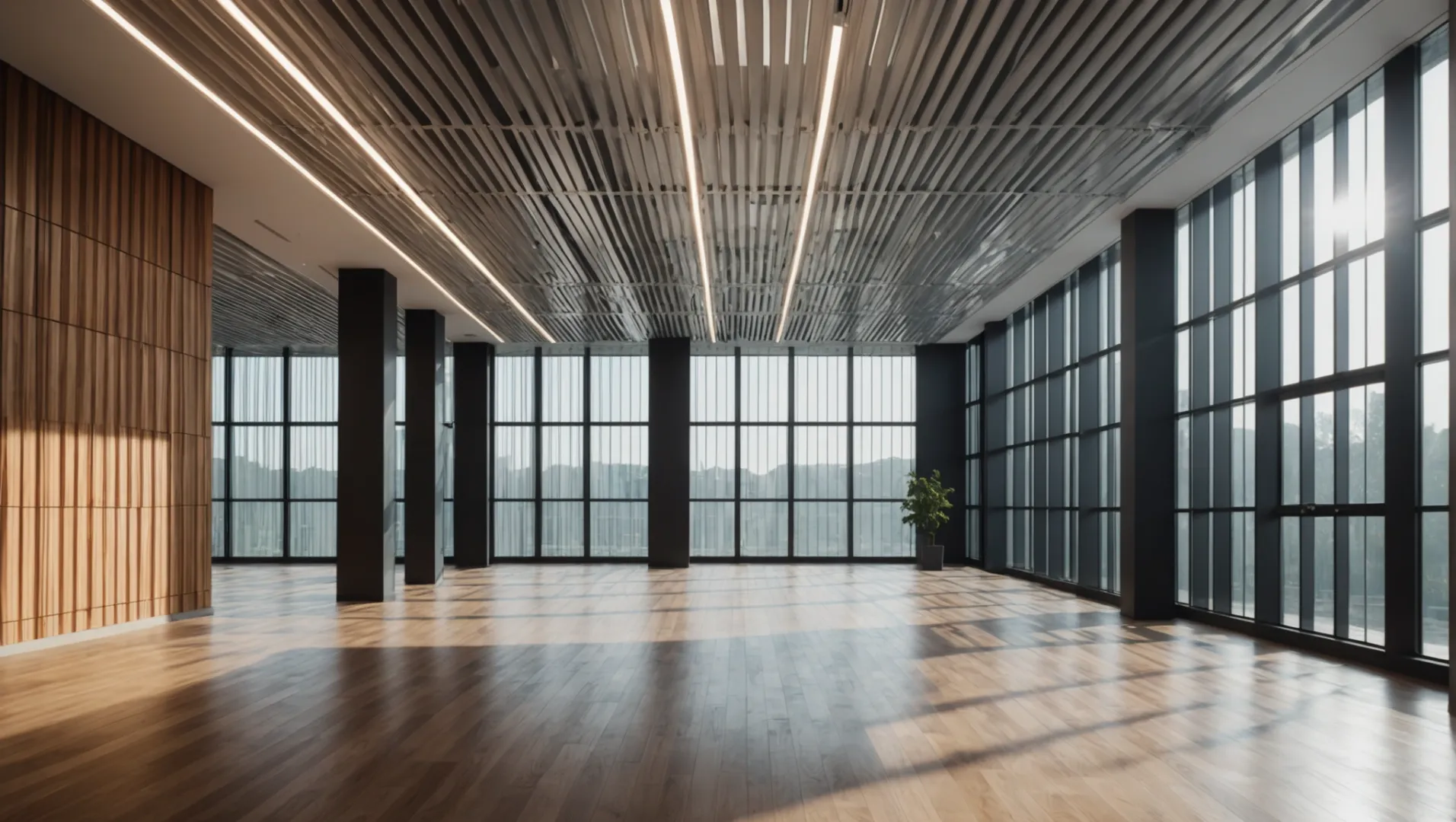 Aluminum baffle ceiling with sunlight streaming in, showing durability