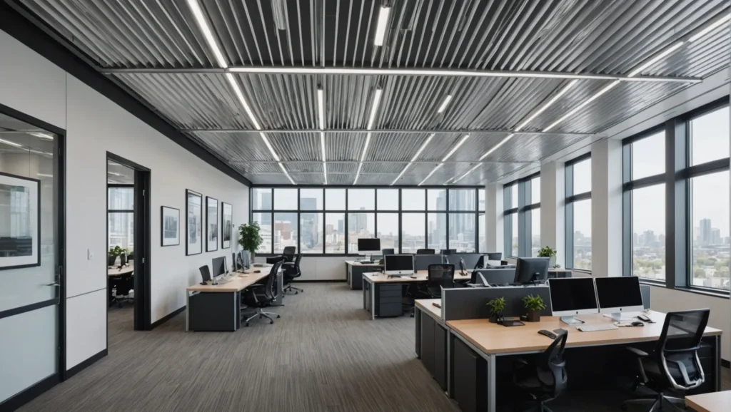Modern office with aluminum baffle ceiling