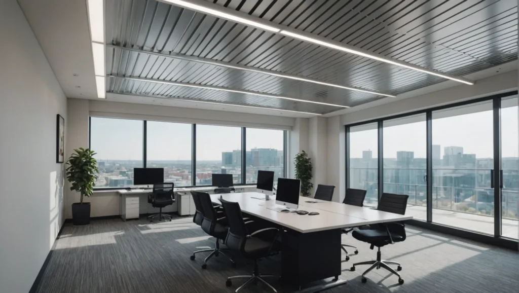 Modern office with aluminum baffle ceiling design