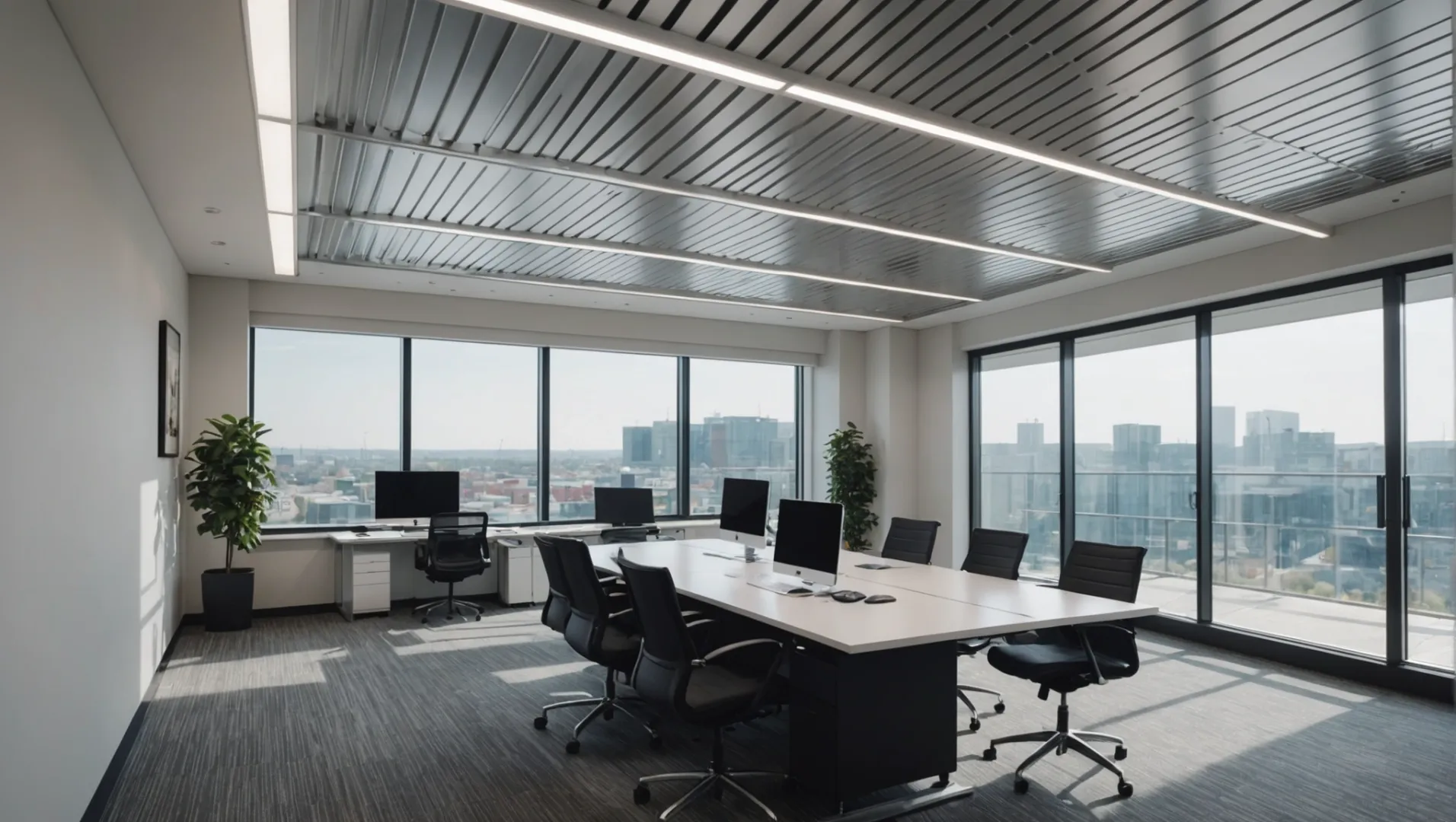 Aluminum Baffle Ceiling in Office Modern office with aluminum baffle ceiling design