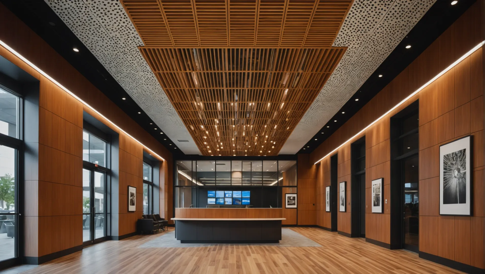 Variety of aluminum baffle ceiling designs showcasing colors and textures.