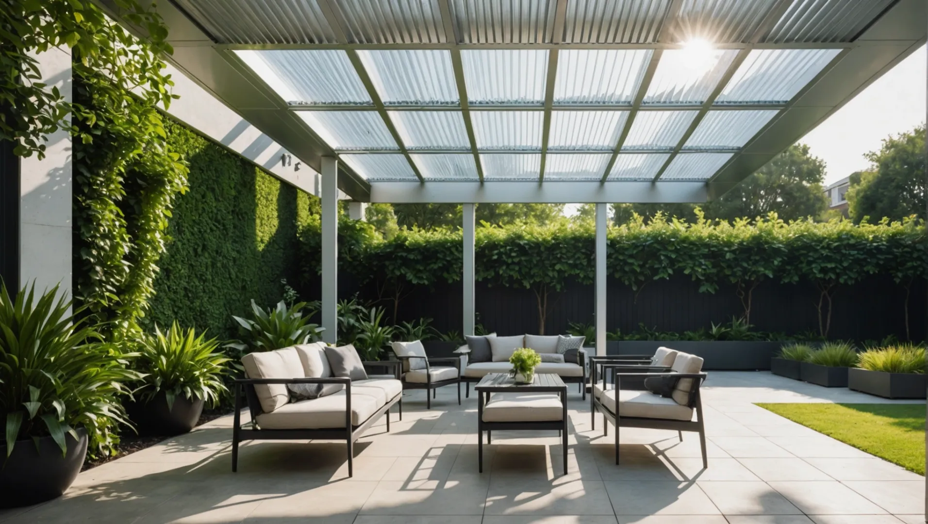 Outdoor space with modern aluminum baffle ceiling