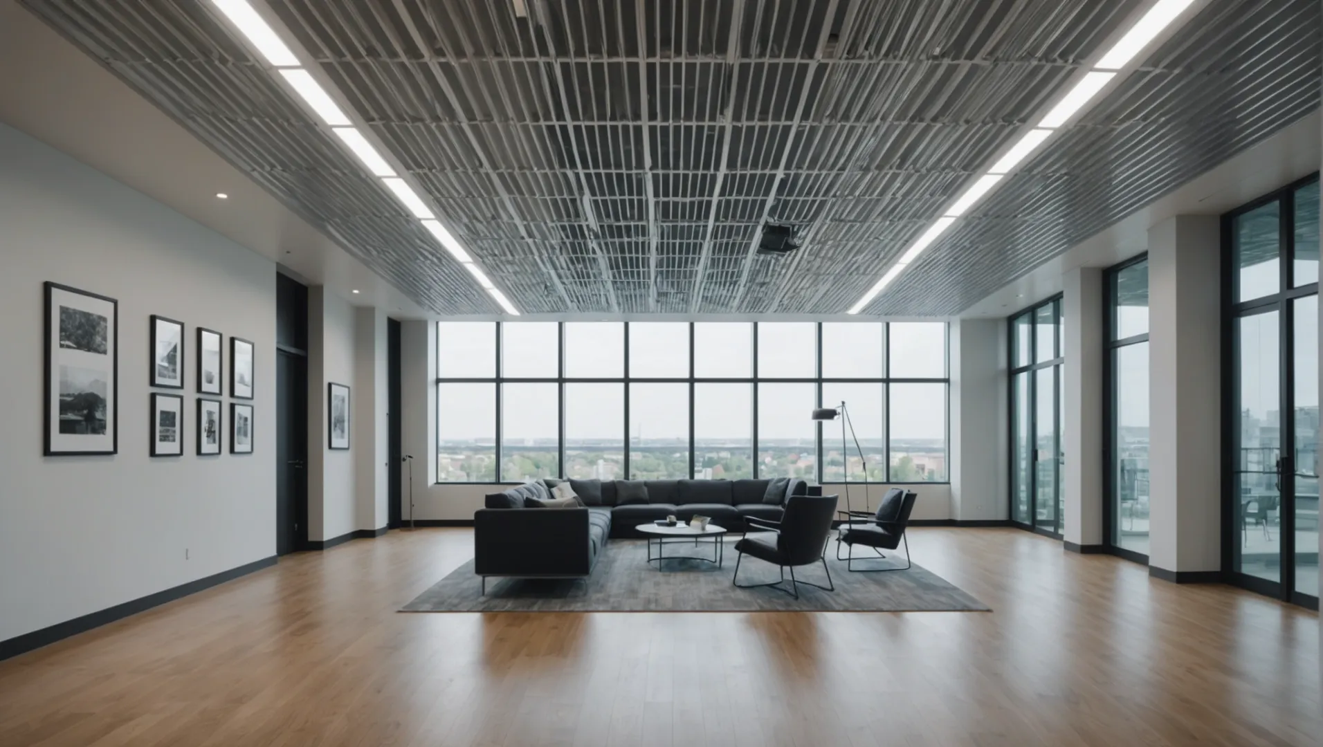A modern interior featuring aluminum baffle ceilings with natural light streaming through large windows.