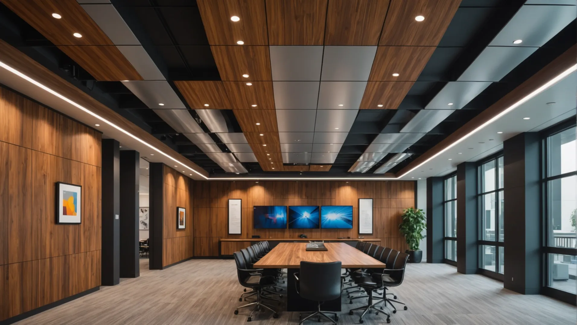 Diverse aluminum baffle ceiling designs in modern interior.
