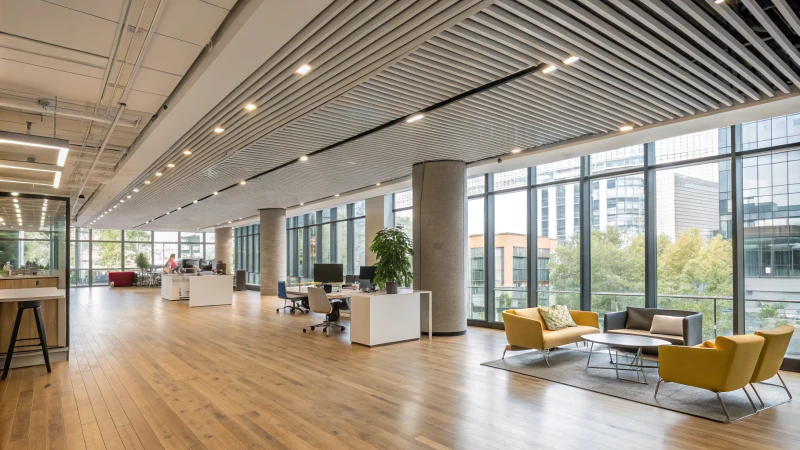 Bright contemporary office interior with aluminum baffle ceiling