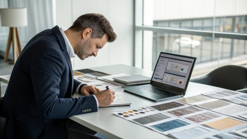 Business professional analyzing aluminum materials in a modern office