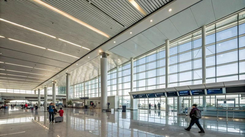 Modern airport terminal interior with aluminum architecture