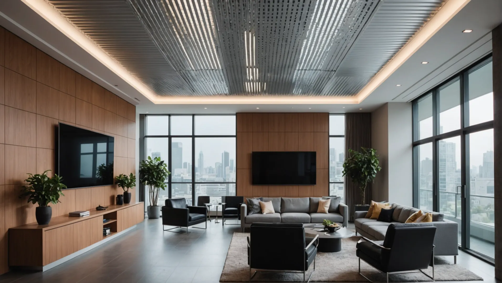 Modern aluminum baffle ceiling in a contemporary interior