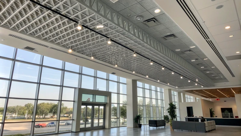 Modern commercial space with aluminum baffle ceiling