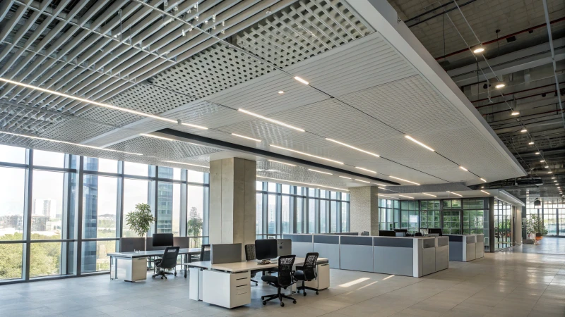 Modern office interior with aluminum baffle ceiling