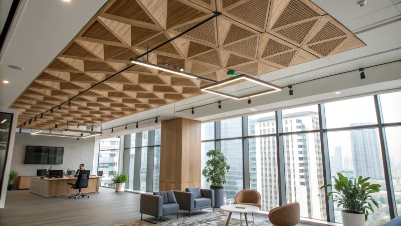 Modern office interior with baffle ceilings