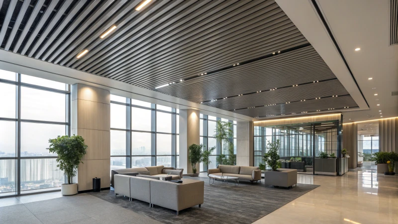 Modern office interior with aluminum baffle ceiling