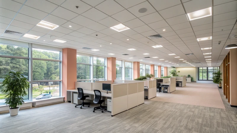 Bright modern office interior with suspended ceiling and recessed lighting