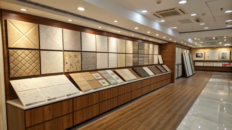 A display of various ceiling materials including gypsum board, acoustic tiles, metal panels, PVC tiles, and wooden panels.