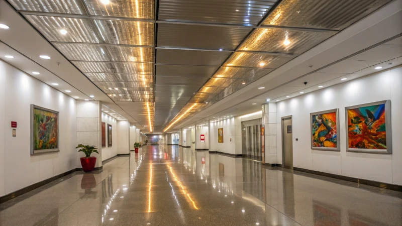 Bright commercial corridor with aluminum ceiling and modern artwork