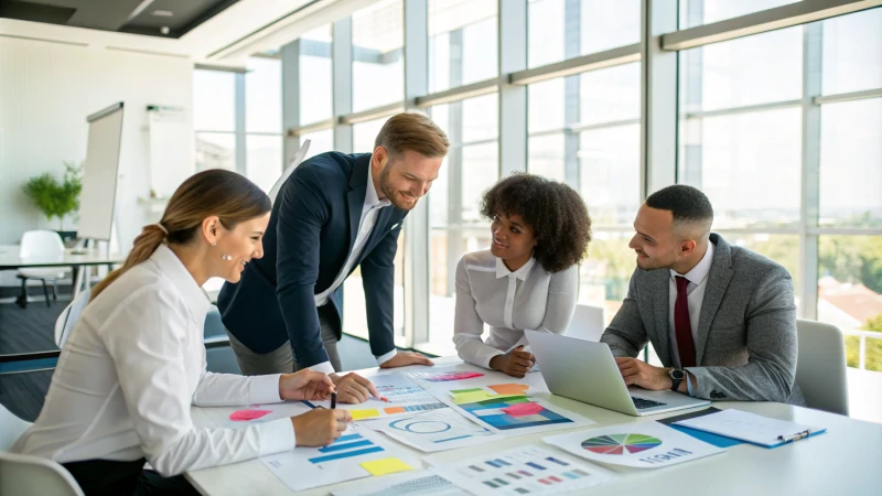 A diverse group of professionals in a bright conference room discussing supplier selection.
