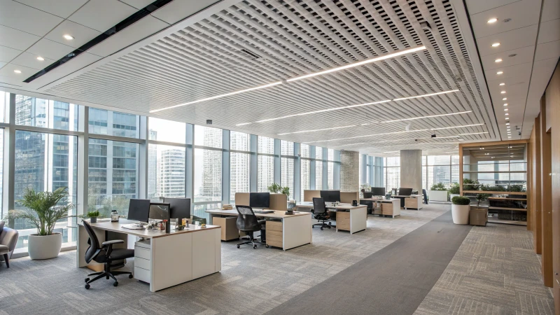 Modern office interior with aluminum baffle ceiling and large windows