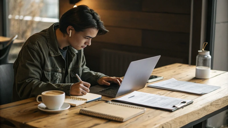 A focused individual working at a modern desk