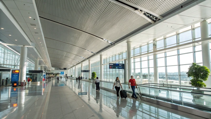 A modern airport terminal with bright lighting and travelers moving about.