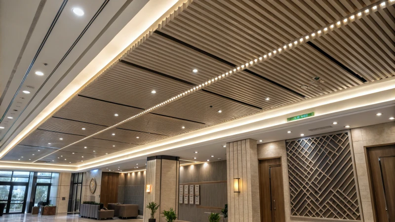 A stylish modern interior with an aluminum baffle ceiling