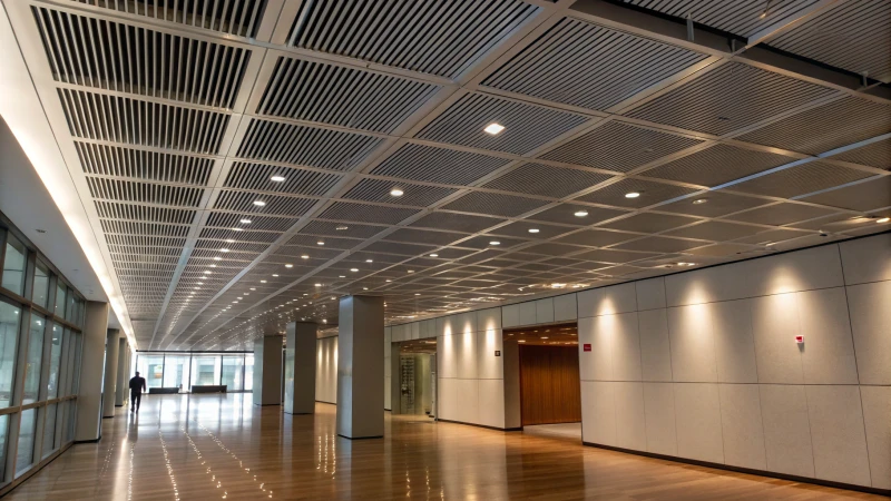 Modern interior with aluminum baffle ceiling and polished wood floor.