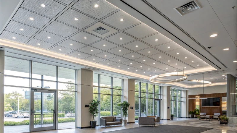 Bright modern interior with aluminum ceiling and large windows