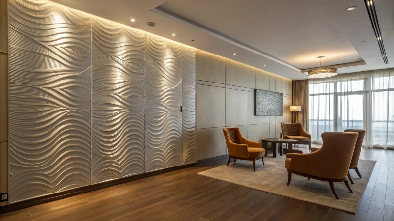A modern interior with elegant aluminum wall panels and sleek furniture.