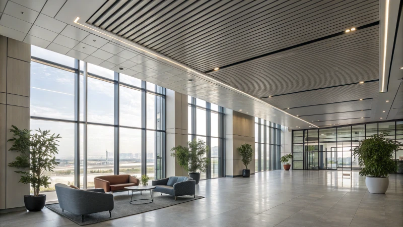 Modern interior with aluminum baffle ceiling and minimalist decor