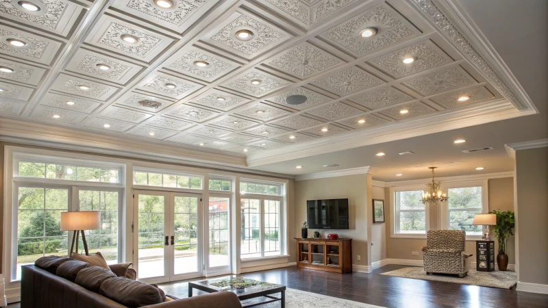 Modern living room with various ceiling styles and natural light