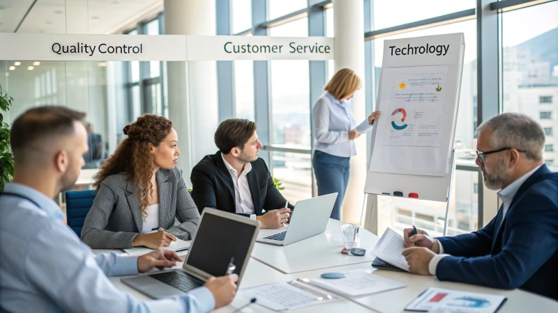 A diverse group of professionals in a modern conference room discussing business.