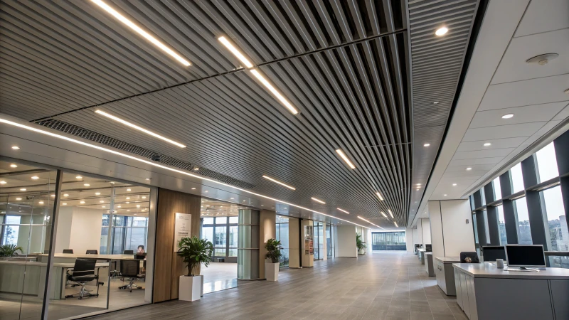 Modern office interior with aluminum baffle ceiling