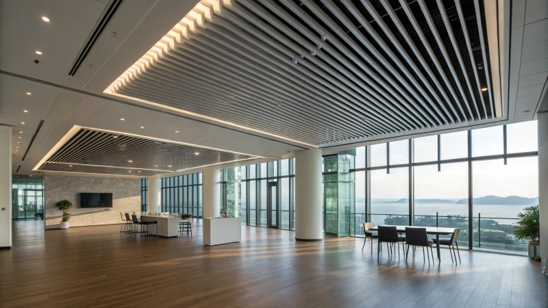 Modern office interior featuring aluminum baffle ceiling and polished wood floor