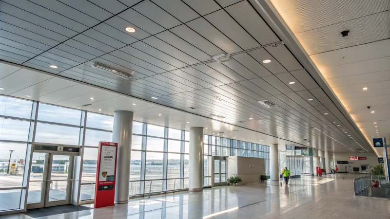 Modern public area with aluminum ceiling and large windows