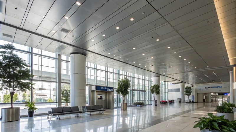 Modern public lobby with aluminum ceiling installation
