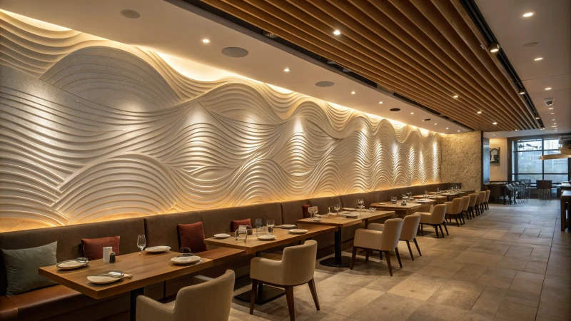 Modern restaurant interior with wavy acoustic panels