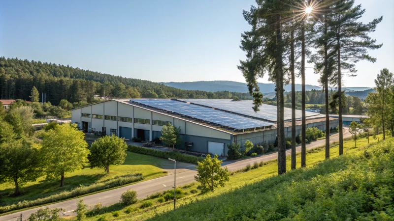 Modern manufacturing plant with solar panels and greenery
