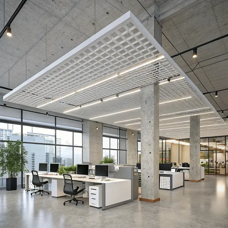 open plan office with modern ceiling design
