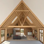 Modern interior with exposed wooden beams