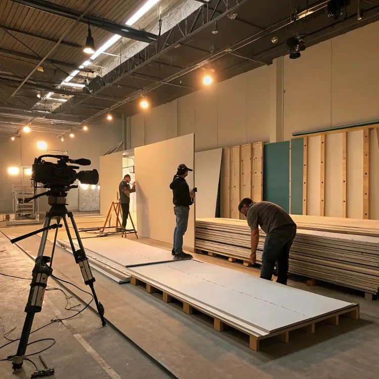 Workers installing drywall panels on indoor set